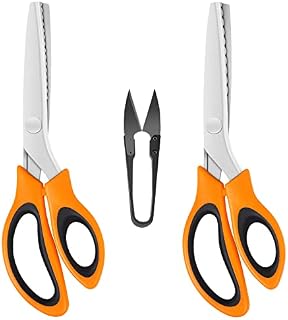 KUONIIY Pinking Shears (2 Pcs, Serrated & Scalloped Edges) with a Thread Snips, Zig Zag Scissors with Comfortable Handle, for Cutting Fabric, Orangeblack