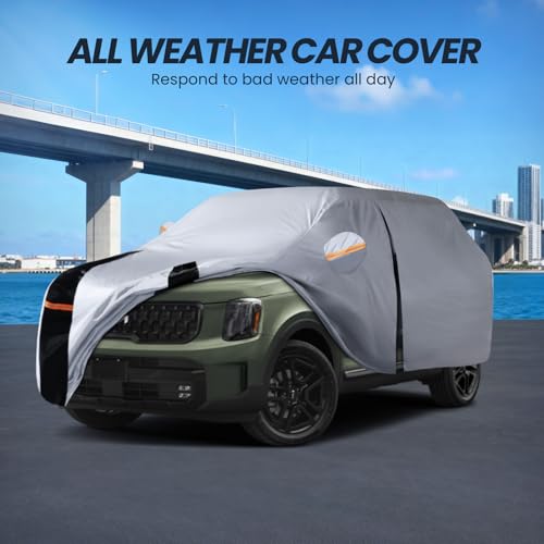 Image of Multi-Layer Car Cover Custom Fit for Kia Telluride(2016-2026), 100% Waterproof All Weather for Automobiles, Gift with Towel, Heavy Duty Car Covers for Rain Sun UV Protection with Door Zipper