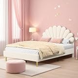Letto imbottito 140 x 200 cm, letto matrimoniale bambina, lettos per adolescenti, lettoss a piattaforma, lettos 140 x 200 cm con testiera a forma di fiore, tessuto di velluto (Beige, 140x200cm)