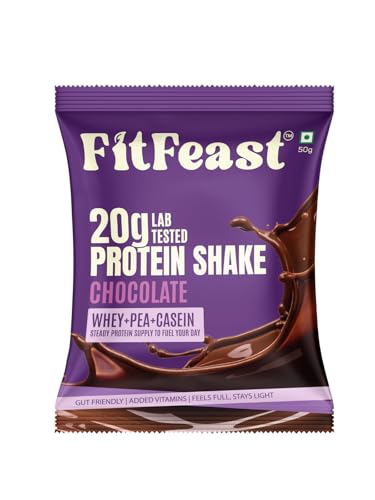 Image of FitFeast Protein Shake Sachet - Chocolate, Pack of 7 | 20g Triple Blend Protein Per Serve| 45:35:20 Whey, Pea & Casein Blend Protein Powder| No Maltodextrin | 0 Added Sugar | As Seen on Shark Tank