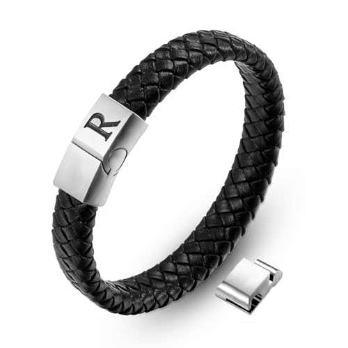 AFSTALR Bracelet Cuir Homme Noir avec Lettres Initiales Gravées R Gourmette Homme Personnalisable Bracelet Bijoux Fete des Peres pour Père Mari Papa