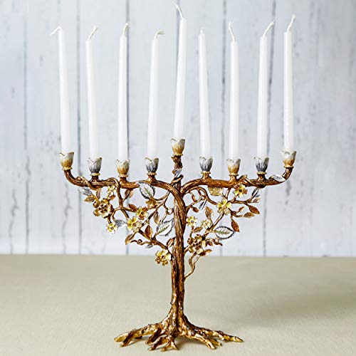 Home Jewel Decor Hand Painted Jewish Menorah Candle Holder with Flower Vine Design Made from Metal Embellished with Crystals for Hanukkah or Home Gift. FIT 9 mm(5/16") Candles, Size-9"X7.5"