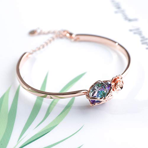 Aoboco Sterling Silver Blue Purple Rose Flower Heart Bangle Bracelet Embellished With Crystals From Austria, Fine Anniversary Birthday Rose Flower Jewelry Gifts For Wife Girlfriend Daughter Mom-Rose And Heart #TOP2