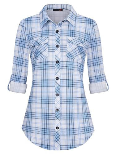 Womens soft knit plaid shirt with roll-tab sleeves