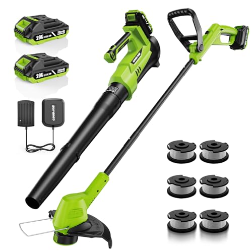 GOODJOB 20V 12' Cordless String Trimmer & 650CFM Leaf Blower Combo with 2X Batteries - Ultra-Light 3.5lbs Auto-Feed Weed Eater for Lawn Care