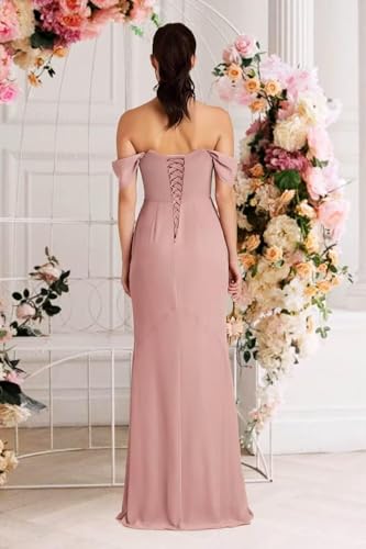 yinyyinhs Off Shoulder Chiffon Bridesmaid Dresses for Women 2025 Long Ruched Cowl Neck Formal Evening Party Dress with Slit4