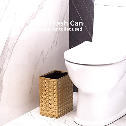 Basdhe 2.3 Gal Trash Can For Bathroom, Small Office Garbage Can For Kitchen, Slim Rectangular Waste Bin, Ceramic, Gold #TOP4