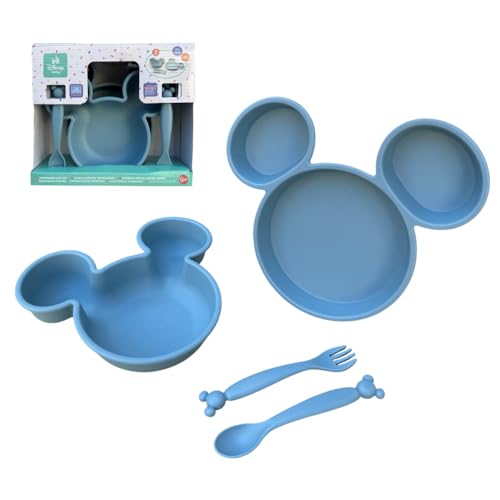 CARTOON Set 4 stoviglie Topolino Disney in plastica riutilizzabile adatto al microonde set pappa sagomato piatti e posate accessori pranzo per bambini