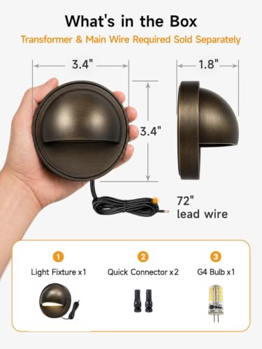 Image of Gardenreet Solid Brass Deck Light, 12V, 2700K Warm White G4, 4 Pack | Solid Brass, Antique Bronze Finish, IP65 Waterproof, Hardwired 9V-17V Design, Replaceable G4 LED Bulb