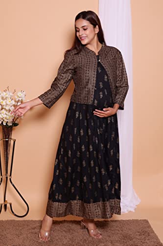 Image of Rayon Printed Maternity Wear Gown Having Conceled Zip for Feeding with Jacket
