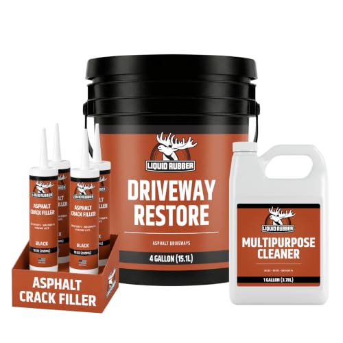 Liquid Rubber Driveway Restore Sealant - Highly Flexible Asphalt Coating Fills Cracks and Revitalize, Kit- Includes 4 Gallon Sealer, Crack Filler 10.2 oz 4 Pack, Patio Cleaner 1 Gallon