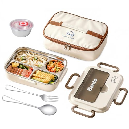 Image of House of Quirk Stainless Steel Lunch Box | 304 Multi-Layer Bento Box with Bag, Compartments & Utensils | Leakproof, Microwave & Dishwasher Safe Food Container (Beige /Brown)