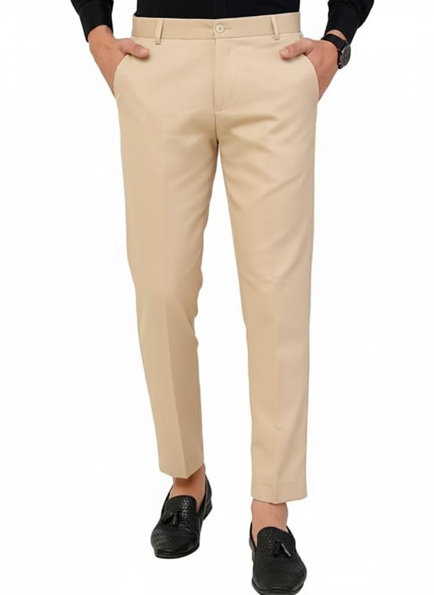 Men's Formal Slim Fit Trousers, Beige Cotton Blend, Classic Business Casual Pants with Side Pockets-picture-28