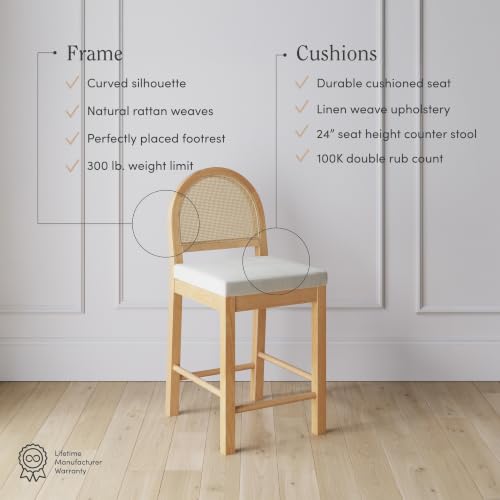 Image of Nathan James Bailey Upholstered Rattan Bar Stool in Oak Finish Frame, Counter Height Stool with Natural Rattan Woven Back For Kitchen Island, Brown, Set of 2
