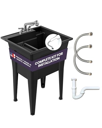 Freestanding Utility Sink with Two Handle Chrome Faucet - 24" Plastic Utility Sink for Garage, Laundry, Indoor and Oudoor Use - Laundry Tub Kit by Noah William Home - Black (19.5 gal)