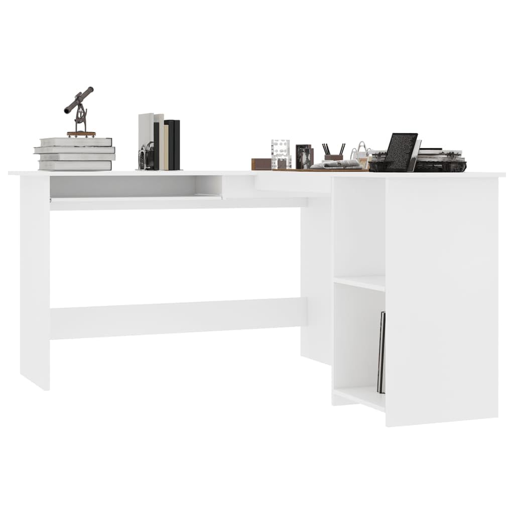 Scrivania angolare a forma di L, bianca, 120 x 140 x 75 cm, in legno con estraibile per tastiera e 2 ripiani aperti, scrivania per computer salvaspazio per ufficio, casa, studio, ergonomica e