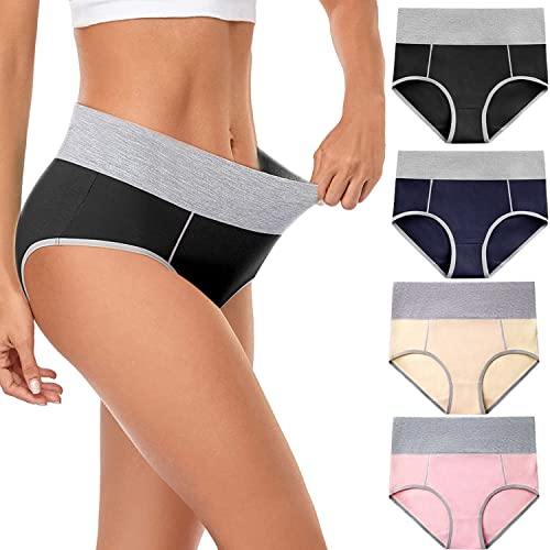 4 Stück Unterwäsche mit hoher Taille für Frauen, Baumwolle, schweißableitend, atmungsaktiv, Warner, kein Muffin-Top, Höschen, Schwarz, Marineblau, Hellorange, Hellrosa, Small Cover