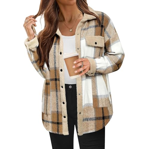 Womens Flannel Plaid Shirt Fuzzy Fleece Side Lined Jacket Oversized Long Sleeve Shackets Fall Winter Clothes4