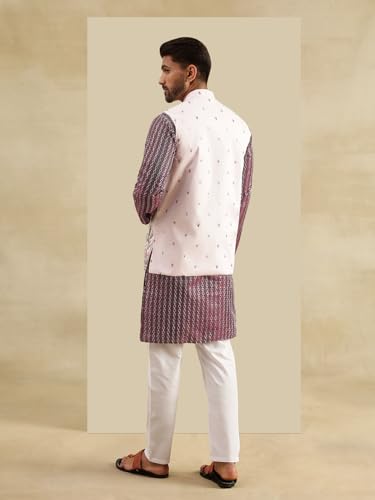 Image of SOJANYA Men's Silk Blend Wine Kurta & White Pyjama With Daman Embroidered Nehru Jacket