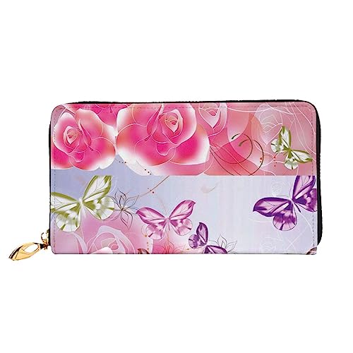 Portefeuille en cuir PEIXEN noir avec zip pour cartes de crédit et motif papillons roses