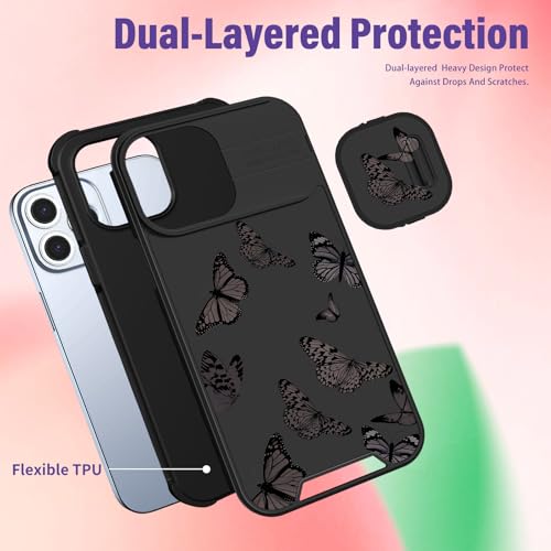 Image of Funermei (2in1 for iPhone 15 Pro Max Case Butterfly for Women Girls Cute Phone Cover Girly Pretty Kawaii Black Aesthetic Design with Camera Cover Funda for Apple for iPhone 15 ProMax Cases 6.7 inch