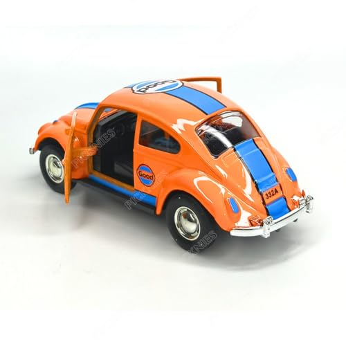 Image of Classic Vintage VW Beetle Diecast Metal Pullback Toy car with Openable Doors for Kids | 1:36 Scale Model | Pull Back | Gift for Boys Girls (Orange with Stripes)