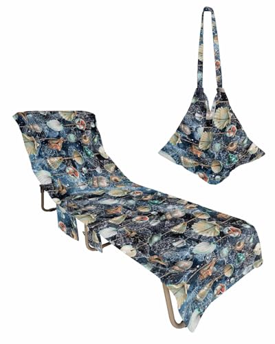 Nautical Conch Shells Beach Chair Cover with Side Pockets, Microfiber & Quick Dry Pool Chaise Lounge Chair Towels Covers for Sun Sunbathing Patio Garden Hotel, Vintage Summer Beach Navy Blue