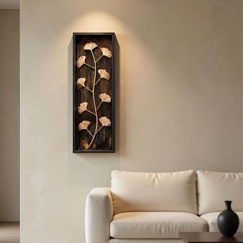 Image of DSH Leaf Wall Art Panels Modern Rustic Home Decor Wall Hanging Sculpture for Living Room, Bedroom & Office (45X15 CM) Decoration Item (Ginkgo Leaf, 1 Frame)
