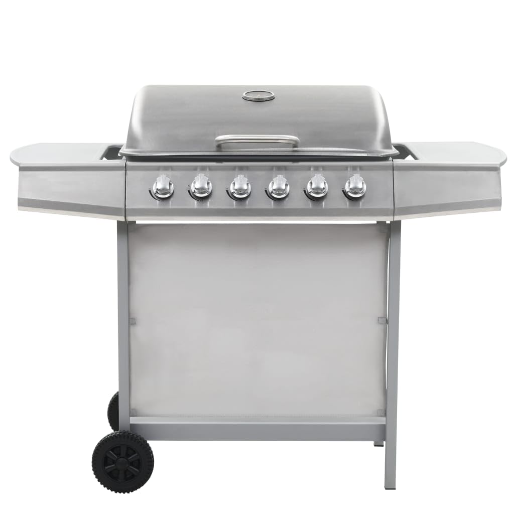 Gasgrill mit 6 Flammen Edelstahl, Garten Grillstation mit Thermometer, Seitenablagen und Fettauffangwanne, 12 kW Leistung