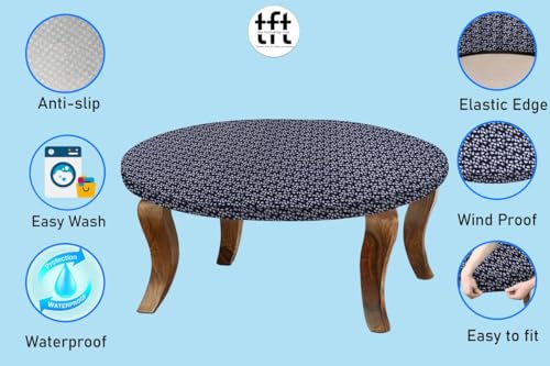 Image of The Furnishing Tree Round Elastic Fitted Center Tpoy Table Cover WxL 24x24 Inches Leaf Pattern Blue