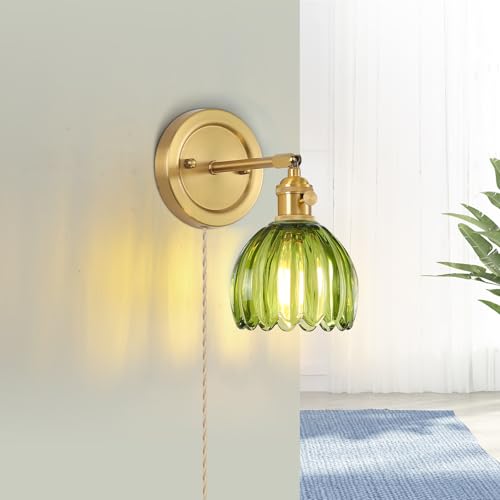 Image of Plug in Vintage Wall Sconces Set of 2 Green Living Room Wall Lights with Tulip Glass Shade 180 Adjustable with Switch and 4.9FT Plug in Cord Art Fixtures Decor for Bathroom Hallway