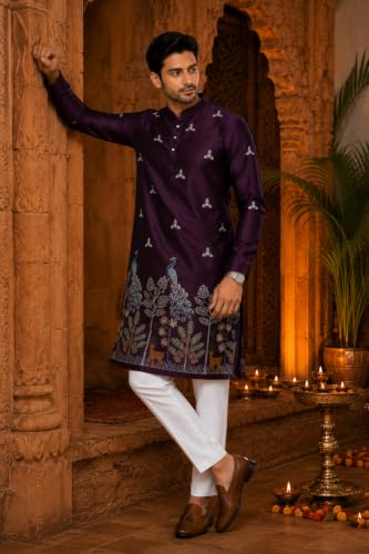 Generic Men’s Wine Satin Embroidered Straight Kurta, Large - Image 4