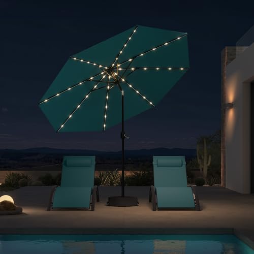 PURPLE LEAF LED Patio Market Umbrella 10' with Base Outdoor, Turquoise Blue