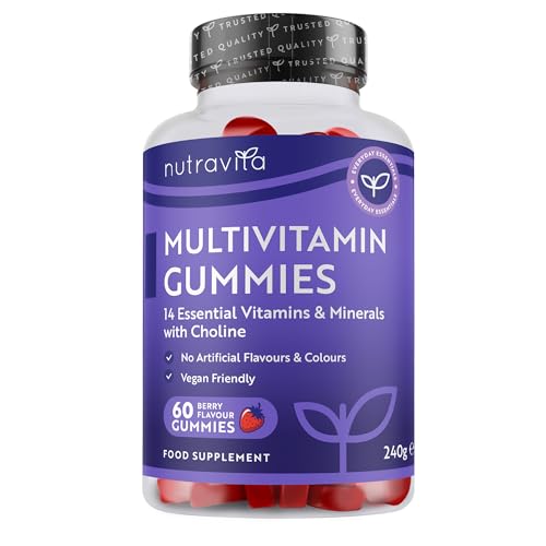 Nutravita Vegan Multivitamin Gummies for Women & Men – 60 Berry Flavour Chewable Adult Multivitamins (2 Month Supply) Daily Supplement with 14 Vitamins & Minerals incl. Vitamin C D3 B12 Biotin Zinc