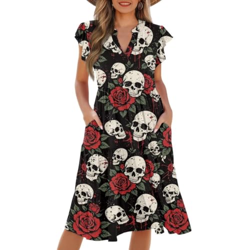 Image of Women's Casual Ruffle Sleeve Dress V Neck Pullover Dress Flowy A-Line Pleated Lightweight Dress with Pockets