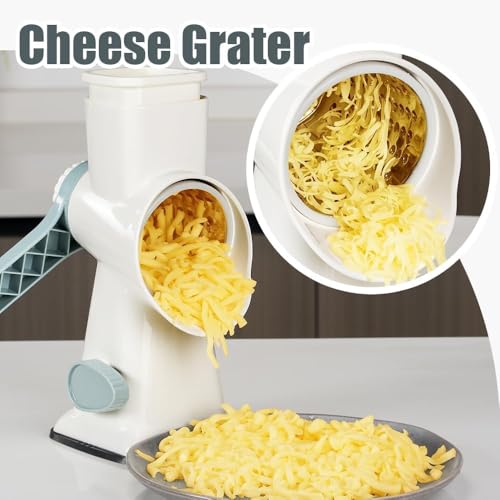 Image of KEOUKE Rotary Cheese Grater Hand Crank White - Shredder Slicer Grinder 3 Stainless Steel Blades, Stable Suction, Labor-Saving Handle, Safe Kitchen Tool for Cheese, Vegetable, Nuts, Chocolate