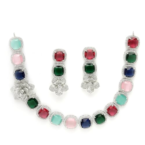 Image of ZENEME Jewellery Set Classic Style Rhodium Plated AD /American Diamond Studded Silver Plated Bejeweled Rose Necklace Jewellery Set for Women & Girls