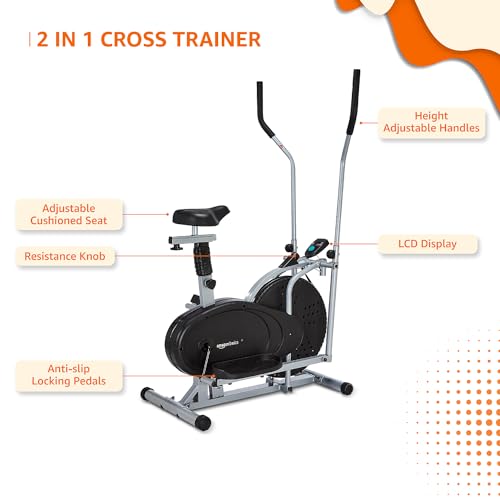 Image of AmazonBasics 2-in-1 Exercise Bike & Cross Trainer with 8 Resistance Levels, Adjustable & Cushioned Seat for Full Body Workout, Max User Weight 100 Kg