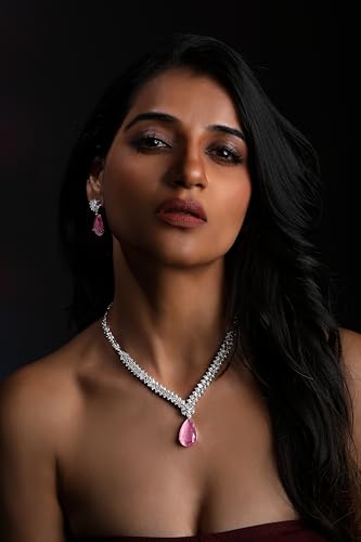 Image of ASMITTA Jewellery American Diamond Necklace Set Rhodium Plated Choker Necklace with Earrings for Weddings, Parties & Festivals