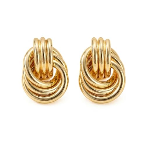 Jean Beau Statement Gold Knot Stud Earrings for Women Chunky Trendy Geometric Lightweight Hollow Twisted Dangle Drop Earings Fashion Office Everyday Jewelry Gift