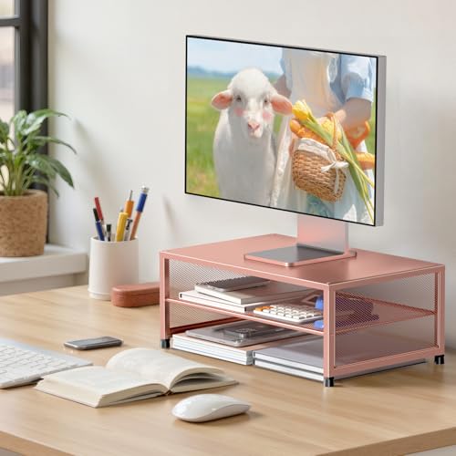 Image of ECOLOVI 2-Tier Computer Monitor Stand Riser, Printer & Laptop Stand, Office Desk Accessories, Workspace Desk Organizer for Home Office Supplies, Rose