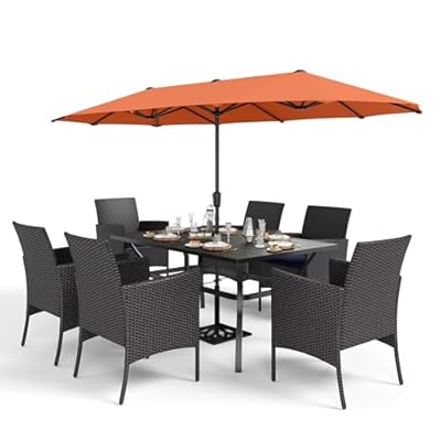 Sophia & William 7 Pieces Patio Dining Set with 13ft Red Patio Umbrella, 60" Outdoor Metal Table & Rattan Chairs Set with Cushions, Outdoor Dining Set for 6 People