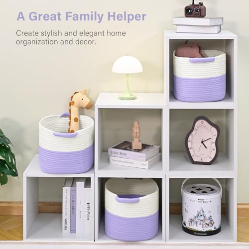 Image of Patvingot 13 inchx10 inchx9 inch Cotton Rope Storage Basket, Woven Baskets with Handles for Organizing Home Office, Shelves, Nursery, Laundry, and Toys,Empty Gift Basket-3 Pack,White /Purple