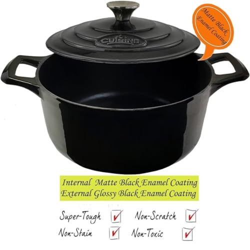 Image of La Cuisine Enameled Cast Iron Dutch Oven Casserole Pot with Lid, Internal Matte Black Enamel Coating 5 QT 10.5 inch / 26cm O For GalssTop Stove, Oven-Safe 550F /276C Glossy Black
