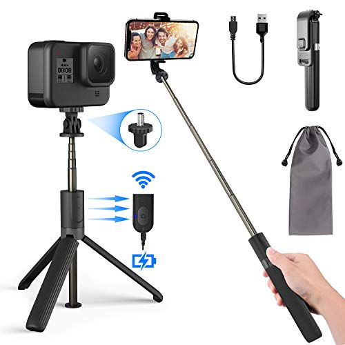 PEYOU Palo Selfie Trípode, Remoto Bluetooth Recargable, Selfie Stick Móvil Ligero y Portátil Aluminio para Mini Cámara, GoPro, Compatible para iPhone 11, X, 8, Samsung Galaxy S8, S8 Plus