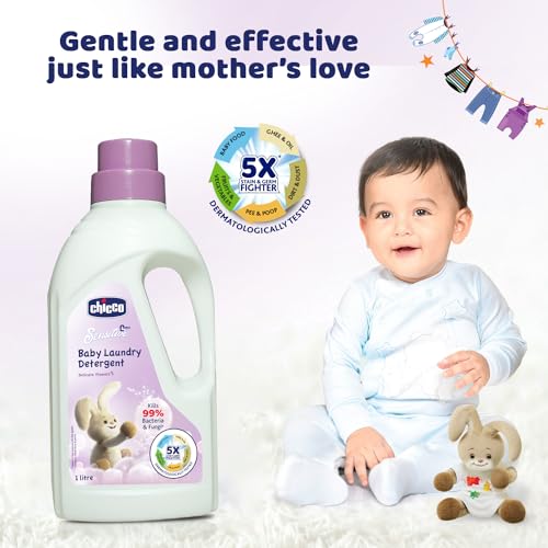 Image of Chicco Baby Liquid Laundry Detergent, 5X Stain & Germ Fighter, Kills 99% Of Germs, Dermatologically Tested For Effective & Gentle Cleaning, Delicate Flowers (1 L) (Pack of 5)