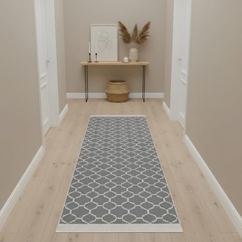 Alfombra de Pasillo Antidesgaste Boho Kelim Gris Blanco 80x150 3