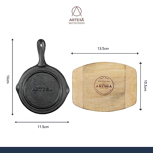 Artesà Small Frying Pan, Cast Iron, Non Stick, with Wooden Serving Board, Grill Pan Sizzle Skillet with Stand, for Fajitas, BBQ, Omelette, Tapas and Desserts, 11cm diameter - Image 3