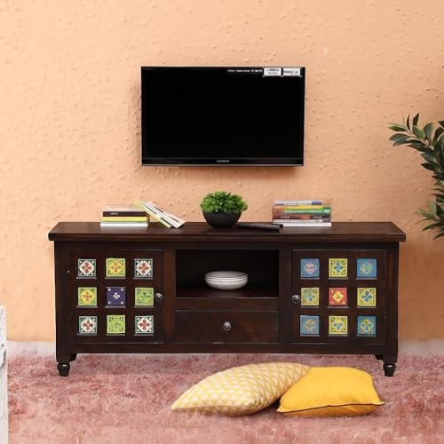 Image of Sheesham Wood TV Stand and Shelf Storage Entertainment Unit Center Console TV Table Wooden Tv Cabinet for Living Room Home (Tiles Design Honey)