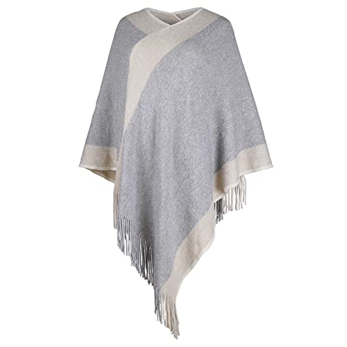 Image of Women's Elegant Knitted Shawl Poncho with Fringed V-Neck Striped Sweater Pullover Cape Gifts for Women Mom